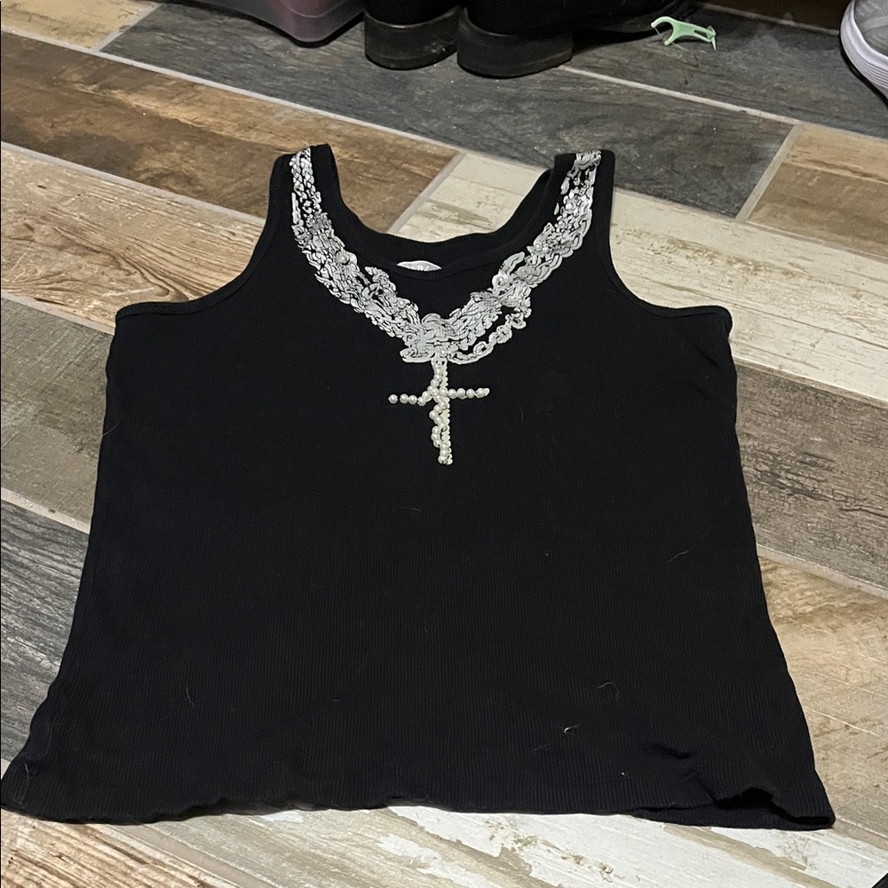 Double D Ranch Black Tank with Silver Cross Detail